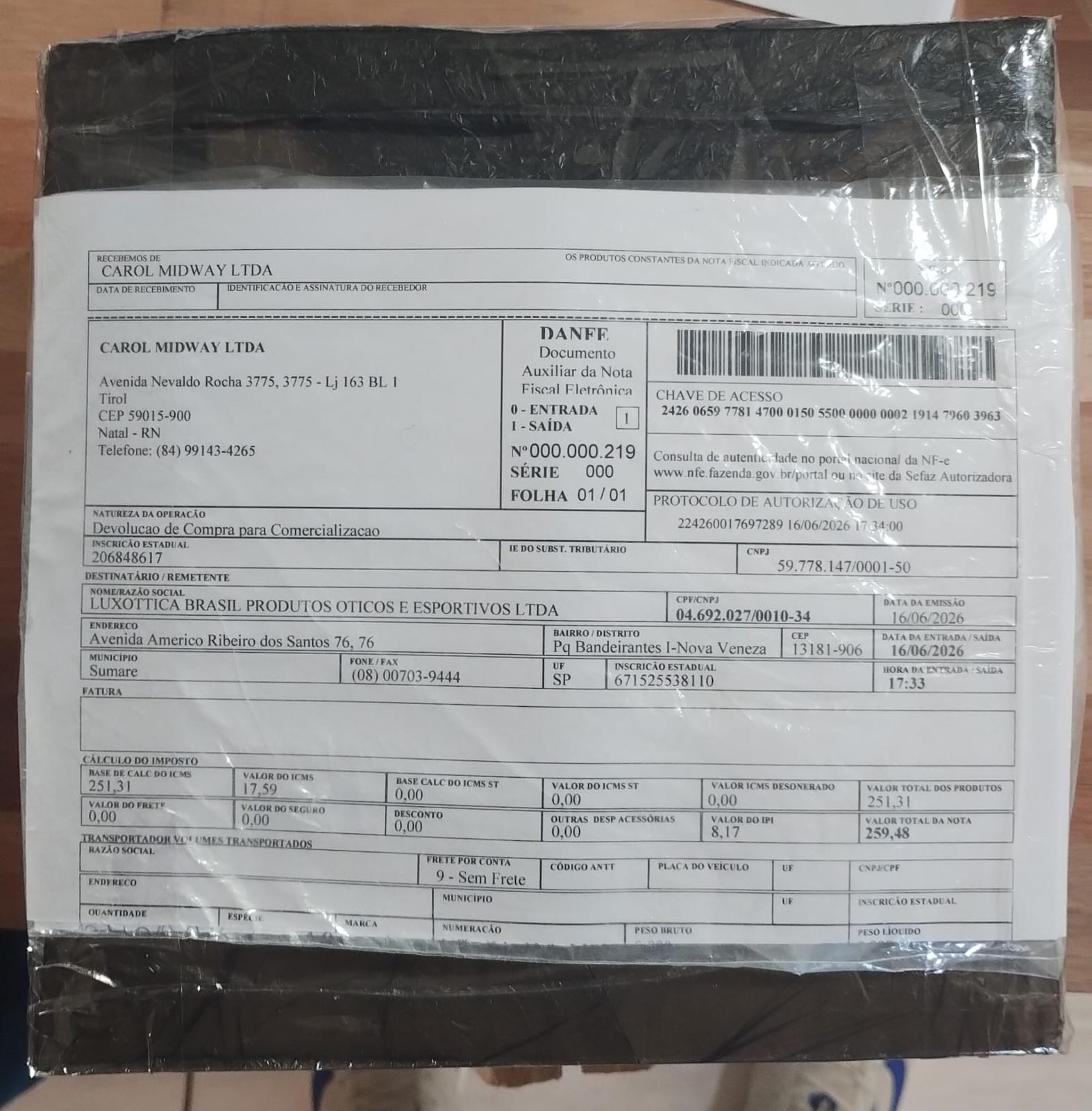 Fixação da Nota Fiscal na Embalagem